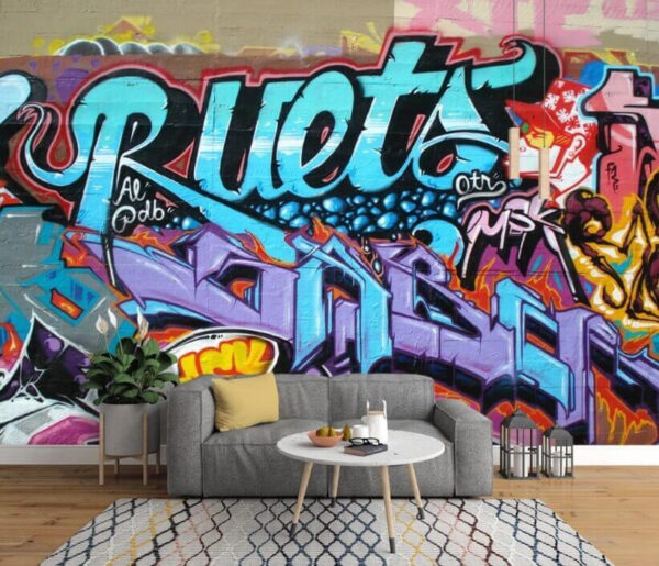 Stedelijke graffitikunst in levendige kleuren Fotobehang Stedelijke graffitikunst in levendige kleuren