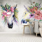 Fotobehang Paarden versierd met bloemenkronen.