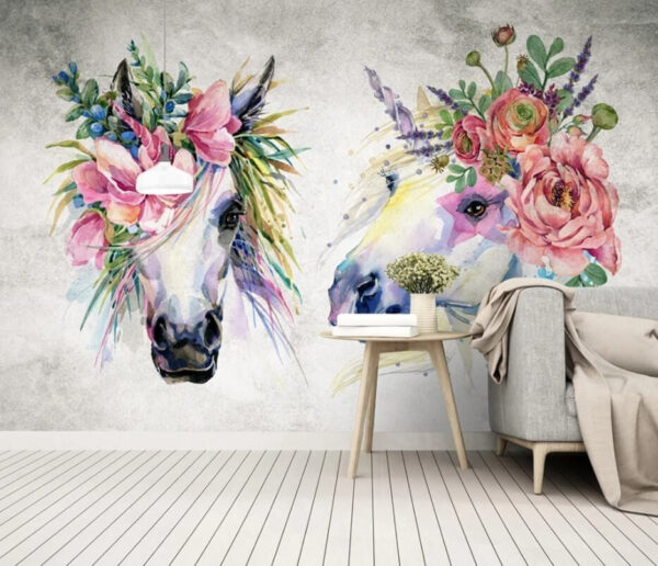 Paarden versierd met bloemenkronen Fotobehang Paarden versierd met bloemenkronen