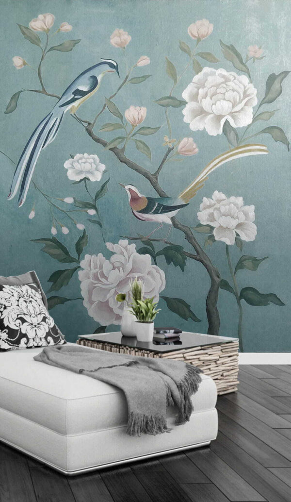 Schilderij van vogels op een tak met bloemen Fotobehang Schilderij van vogels op een tak met bloemen