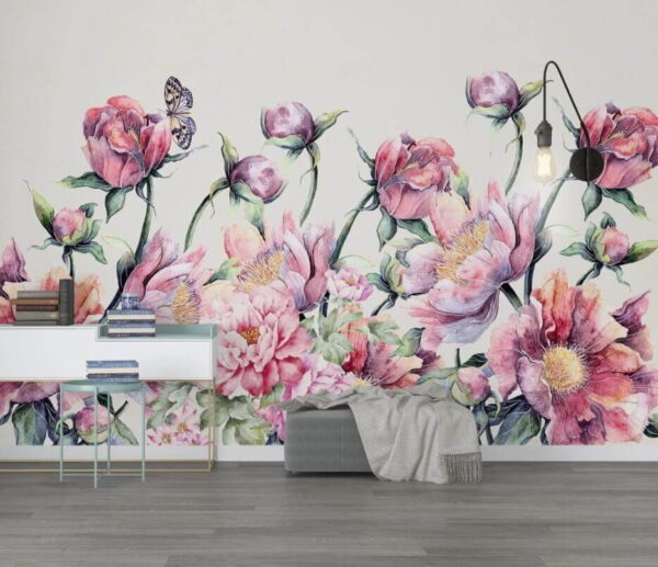 Aquarel van bloemen en een vlinder Fotobehang Aquarel van bloemen en een vlinder