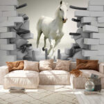 Fotobehang Lopend wit paard
