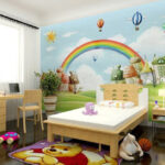 Fotobehang Cartoonlandschap met een regenboog en huizen