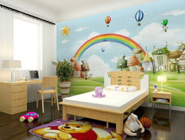Cartoonlandschap met een regenboog en huizen Fotobehang Cartoonlandschap met een regenboog en huizen