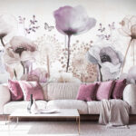 Fotobehang Delicate aquarelbloemen en vlinders.