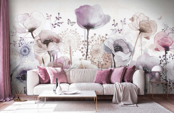Delicate aquarelbloemen en vlinders Fotobehang Delicate aquarelbloemen en vlinders