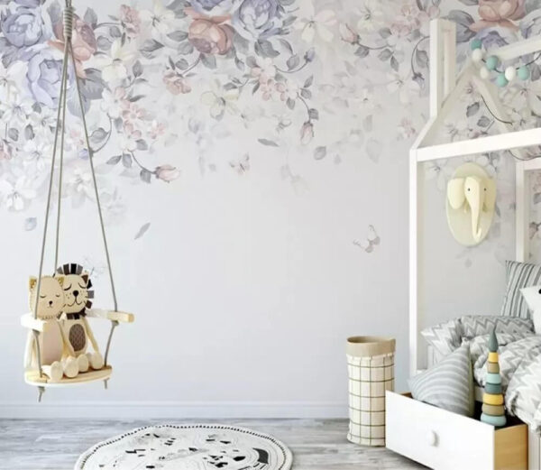 Pastelkleurige bloemen en vlinders fladderen Fotobehang Pastelkleurige bloemen en vlinders fladderen