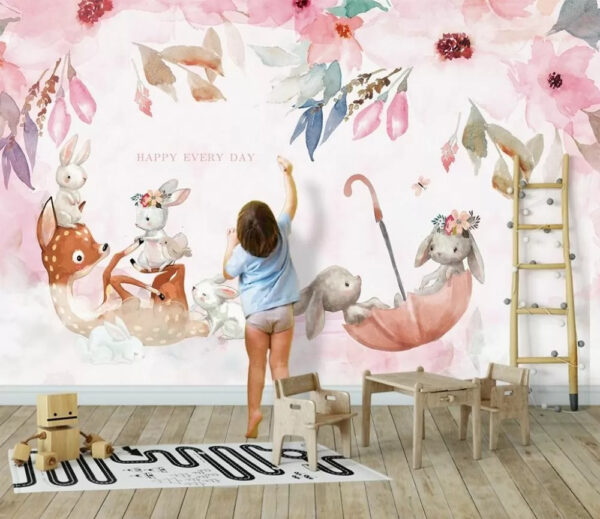 Konijn met bloemen op zijn hoofd Fotobehang Konijn met bloemen op zijn hoofd