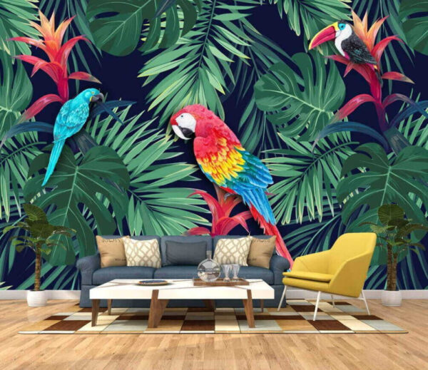 Kleurrijke papegaaien en bladeren Fotobehang Kleurrijke papegaaien en bladeren