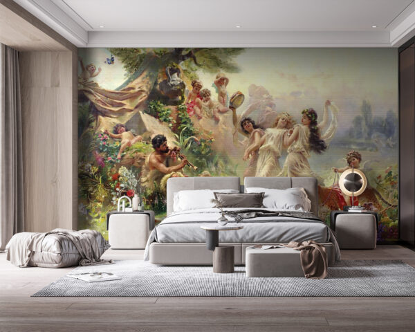Schilderij van dansende mensen in een bos Fotobehang Schilderij van dansende mensen in een bos