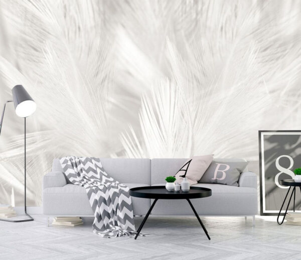 Witte veren op een wit oppervlak Fotobehang Witte veren op een wit oppervlak