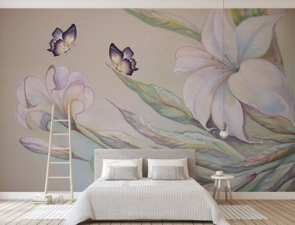 Schilderij van bloemen en vlinders Fotobehang Schilderij van bloemen en vlinders