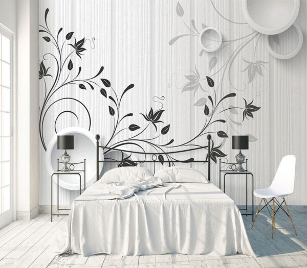 Witte muur met zwarte en witte bloemen Fotobehang Witte muur met zwarte en witte bloemen