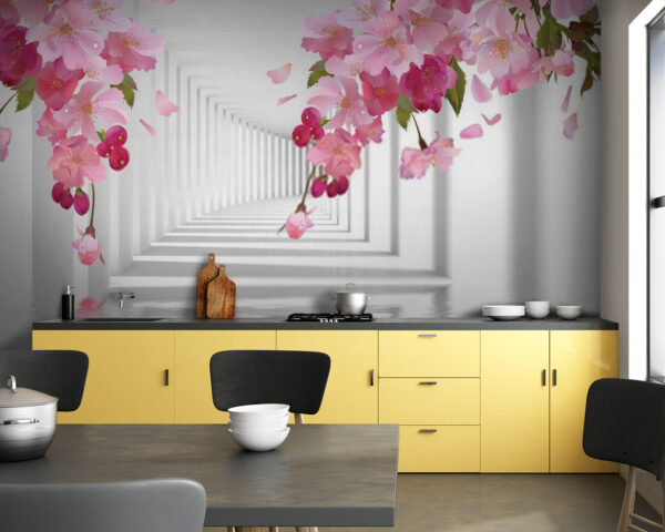 Roze bloemen op een tak Fotobehang Roze bloemen op een tak