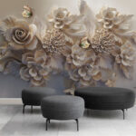 Fotobehang Elegante bloemen met sierlijke vlinders.