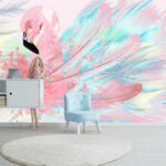 Fotobehang Roze flamingo met witte en blauwe veren