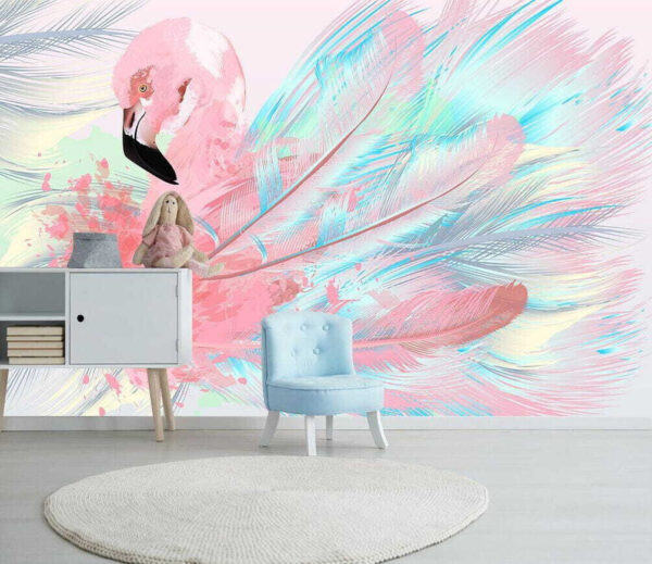 Roze flamingo met witte en blauwe veren Fotobehang Roze flamingo met witte en blauwe veren