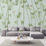 Fotobehang Behang met bamboetakken en vogels