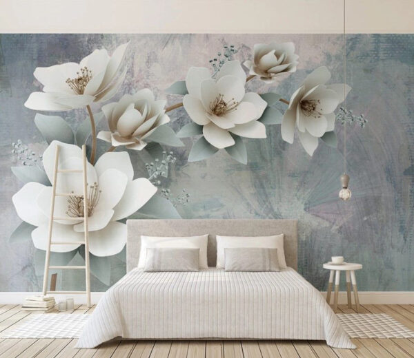 Elegante witte bloemen op gestructureerde achtergrond Fotobehang Elegante witte bloemen op gestructureerde achtergrond