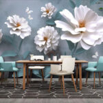 Fotobehang Witte bloemen met vlinders