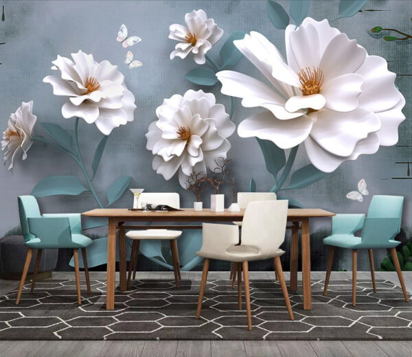 Witte bloemen met vlinders Fotobehang Witte bloemen met vlinders