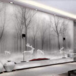 Fotobehang Groep witte herten in een mistig bos