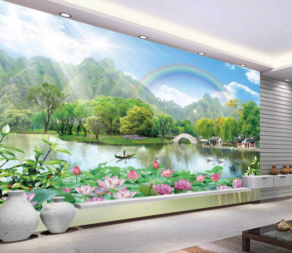 Sereen landschap met lotusbloemen Fotobehang Sereen landschap met lotusbloemen