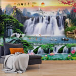 Fotobehang Waterval met vogels en bloemen