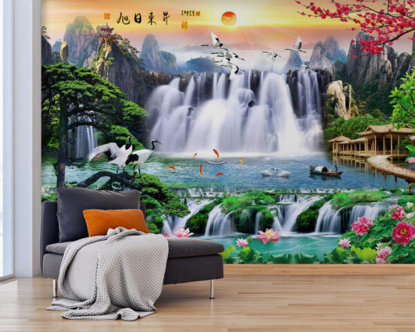 Waterval met vogels en bloemen Fotobehang Waterval met vogels en bloemen