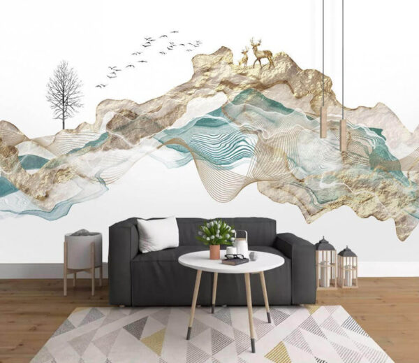 Schilderij van een berg met rondvliegende vogels Fotobehang Schilderij van een berg met rondvliegende vogels