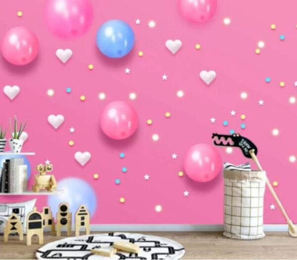 Roze achtergrond met witte en blauwe ballonnen en sterren Fotobehang Roze achtergrond met witte en blauwe ballonnen en sterren