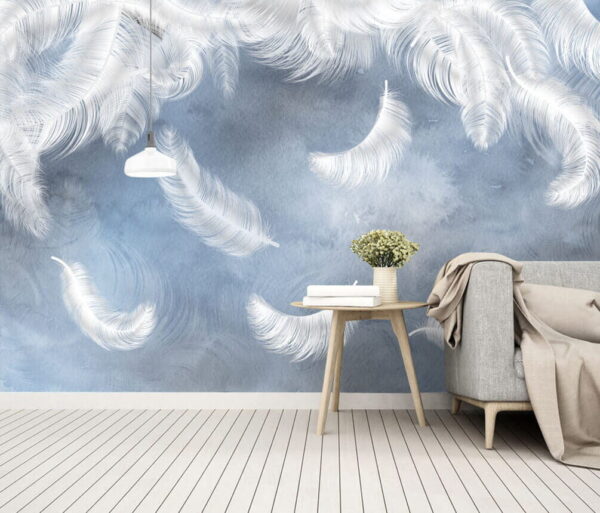 Witte veren op een blauwe achtergrond Fotobehang Witte veren op een blauwe achtergrond