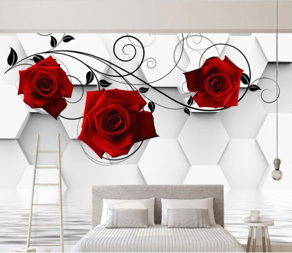 Behang met rode rozen en zwarte wijnranken Fotobehang Behang met rode rozen en zwarte wijnranken