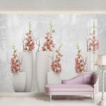 Fotobehang Groep witte vazen met roze bloemen