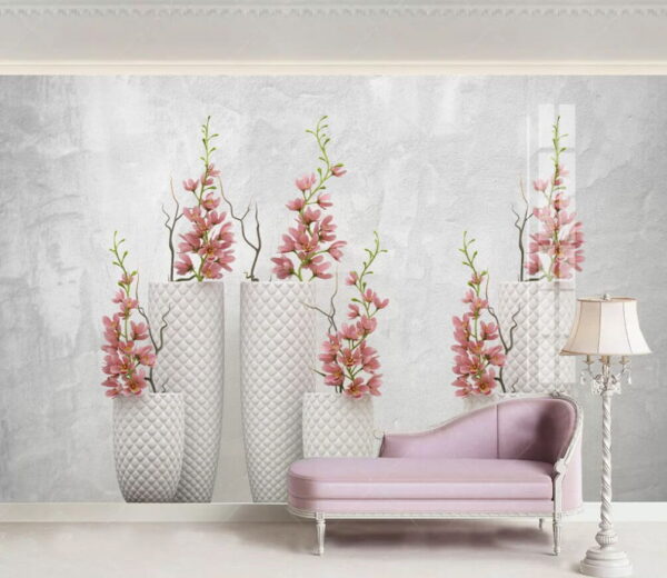 Groep witte vazen met roze bloemen Fotobehang Groep witte vazen met roze bloemen