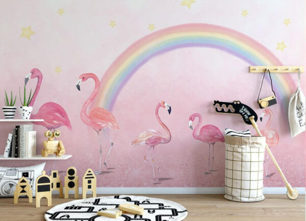 Roze flamingo op roze achtergrond Fotobehang Roze flamingo op roze achtergrond