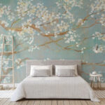 Fotobehang Bloesems op takken, sereen tafereel.