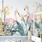 Fotobehang Groep flamingo's met kronen en bloemen