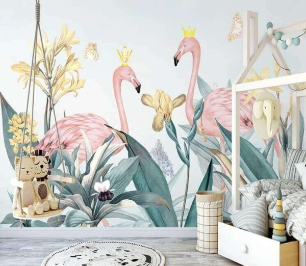 Groep flamingo's met kronen en bloemen Fotobehang Groep flamingo's met kronen en bloemen