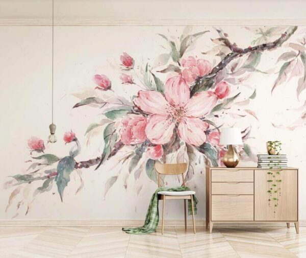 Schilderij van roze bloemen op een tak Fotobehang Schilderij van roze bloemen op een tak
