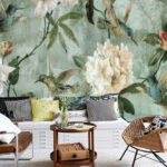 Fotobehang Behang met vogels en bloemen