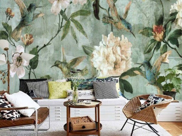 Behang met vogels en bloemen Fotobehang Behang met vogels en bloemen