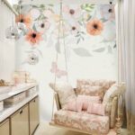 Fotobehang Witte achtergrond met bloemen en vlinders