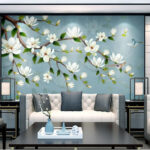 Fotobehang Witte bloemen aan een tak