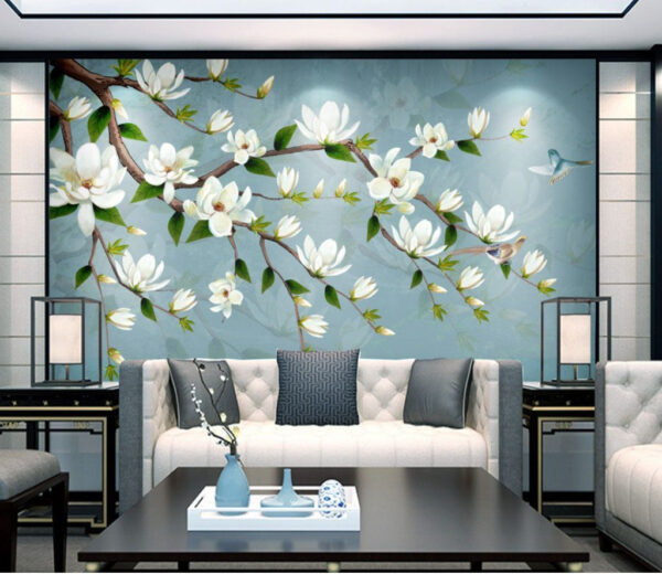 Witte bloemen aan een tak Fotobehang Witte bloemen aan een tak