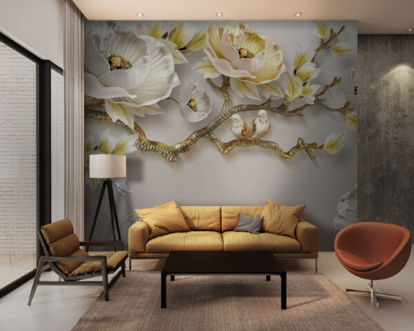 Behang met bloemen en vogels Fotobehang Behang met bloemen en vogels