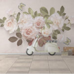 Fotobehang Delicate rozen met dansende vlinders