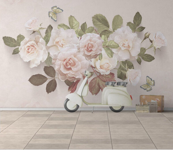 Delicate rozen met dansende vlinders Fotobehang Delicate rozen met dansende vlinders