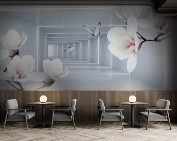 Witte bloemen en vlinders in een kamer Fotobehang Witte bloemen en vlinders in een kamer