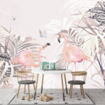 Fotobehang Roze flamingo met zwarte snavel